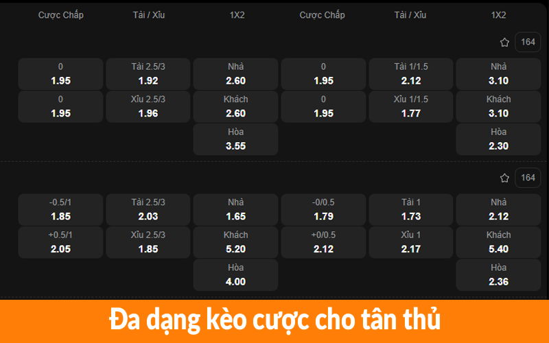 Đa dạng kèo cược cho tân thủ